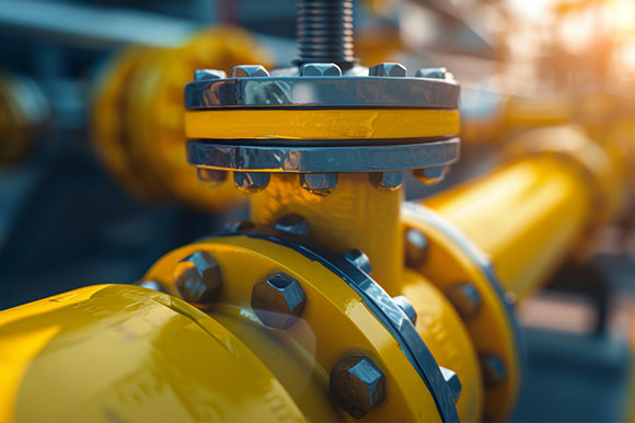 a yellow gas pipe with a flange valve on top of two connecting pipes