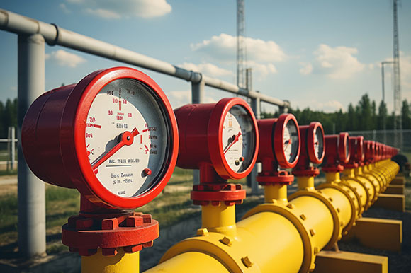 pressure gauges on yellow gas pipes